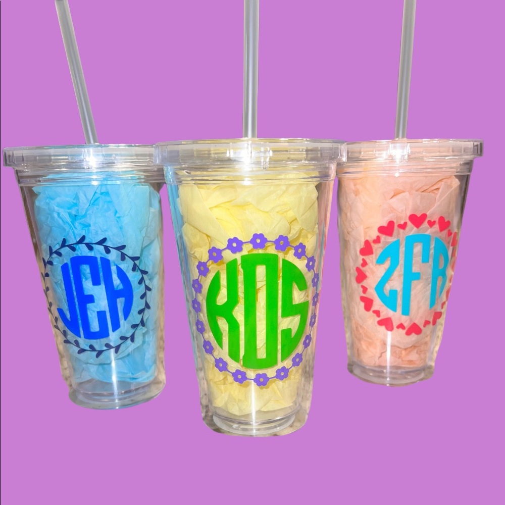 ONE Custom monogram, 16 ounce tumbler with lid and straw. Custom tumbler